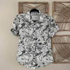 Roberta Oaks Button Down Shirt Nautical Print Map Hawaii Womens Sz XS B1